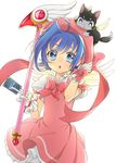  :o blue_eyes blue_hair blush cardcaptor_sakura cardfight!!_vanguard cat cosplay crossdressing dress fuuin_no_tsue hat highres kinomoto_sakura kinomoto_sakura_(cosplay) male_focus open_mouth otoko_no_ko pink_hat sendou_aichi solo wand yuu_(7862260010) 