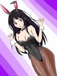  animal_ears black_hair bow bowtie breasts bunny_ears bunnysuit chitanda_eru cleavage detached_collar highres hyouka large_breasts long_hair nyantamaran pantyhose purple_eyes wrist_cuffs 