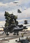  70s 80s aircraft airplane bazooka camouflage cloud condensation_trail dated day dodai_ys engineer epic fleet flying gouf gouf_custom gundam headgear helmet mecha military missile multiple_boys oldschool realistic red_ace riding rocket_launcher runway science_fiction signature soldier weapon zeon 