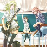  black_legwear blonde_hair brown_hair chalkboard closed_eyes crossed_legs desk fate_testarossa fisheye grin guitar hair_ribbon head_tilt highres hiroaki_(huruhonya) instrument long_hair lyrical_nanoha mahou_shoujo_lyrical_nanoha mahou_shoujo_lyrical_nanoha_a's mahou_shoujo_lyrical_nanoha_strikers microphone multiple_girls music on_desk open_mouth playing_instrument pointing pointing_up red_eyes ribbon school_desk school_uniform short_hair side_ponytail singing sitting sitting_on_desk sleeves_rolled_up smile socks takamachi_nanoha teeth thighhighs twintails yagami_hayate 