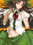  bow brown_hair cape hair_bow long_hair mechanical_arm oso_(toolate) red_eyes reiuji_utsuho skirt smile solo third_eye touhou wings 