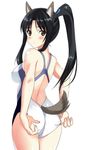  adjusting_clothes adjusting_swimsuit alternate_costume animal_ears ass back bangs black_hair blue_ribbon blue_swimsuit blush breasts brown_eyes closed_mouth competition_swimsuit covered_nipples cowboy_shot dog_ears dog_tail embarrassed eyebrows_visible_through_hair from_behind frown hair_ribbon hattori_shizuka high_ponytail impossible_clothes impossible_swimsuit kyougoku_shin legs_together long_hair looking_at_viewer looking_back medium_breasts multicolored multicolored_clothes one-piece_swimsuit parted_bangs ponytail raised_eyebrows ribbon shiny shiny_hair sidelocks simple_background solo standing straight_hair strike_witches swimsuit tail tail_through_clothes thighs white_swimsuit world_witches_series 