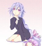  alternate_costume blush blush_stickers bow braid character_doll finger_to_mouth formal hair_bow hair_ornament jacket kami_jigen_game_neptune_v long_hair looking_at_viewer minagi neptune_(choujigen_game_neptune) neptune_(series) pencil_skirt purple_eyes purple_hair pururut skirt skirt_suit smile solo suit very_long_hair 