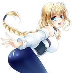  :d ass back-seamed_legwear blonde_hair bodysuit braid breasts kyoukaisenjou_no_horizon large_breasts long_hair looking_back mary_stuart natori_(raisenritz) open_mouth pantyhose scar seamed_legwear single_braid smile solo 