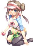  blue_eyes breasts brown_hair double_bun gen_5_pokemon large_breasts long_hair mei_(pokemon) mikage_sekizai pantyhose poke_ball pokemon pokemon_(creature) pokemon_(game) pokemon_bw2 raglan_sleeves sitting snivy wariza 