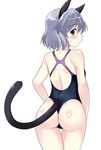  animal_ears ass blush cat_ears cat_tail competition_swimsuit green_eyes grey_hair kyougoku_shin looking_at_viewer one-piece_swimsuit one-piece_thong sanya_v_litvyak short_hair simple_background solo strike_witches swimsuit tail white_background world_witches_series 