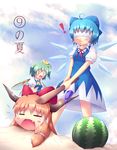  (9) 3girls ahoge ascot baseball_bat blindfold blonde_hair blue_hair blue_skirt blue_sky blush_stickers bow cirno closed_eyes cloud daiyousei fang food fruit green_hair hair_bow hair_ribbon highres horn_ribbon horns ibuki_suika kane-neko multiple_girls o_o object_namesake open_mouth puffy_sleeves ribbon sand shirt short_hair short_sleeves side_ponytail skirt sky smile suikawari sweatdrop tears touhou watermelon wings you're_doing_it_wrong 