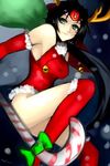  akali antlers bell black_hair candy candy_cane christmas elbow_gloves food forehead_protector gloves green_eyes highres kneehighs kumiko_shiba league_of_legends leotard long_hair red_gloves red_legwear red_leotard reindeer_antlers sack santa_costume solo very_long_hair 
