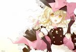  absurdres adapted_costume apron blonde_hair bow braid collarbone detached_sleeves hair_bow hat hat_bow highres kirisame_marisa long_hair navel non-web_source open_mouth puffy_sleeves scan side_braid single_braid solo star tommy_(microstoria) touhou white_background witch_hat yellow_eyes 