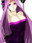  absurdres arm_up armpits bare_shoulders breasts chain cleavage dress facial_mark fate/stay_night fate_(series) forehead_mark highres kumiko_shiba large_breasts long_hair purple_eyes purple_hair rider short_dress solo strapless strapless_dress very_long_hair 