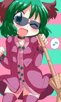  ;d animal_ears bamboo_broom blush broom collar eighth_note fang geetsu glasses green_eyes green_hair kasodani_kyouko looking_at_viewer musical_note oekaki one_eye_closed open_mouth panties pantyshot short_hair smile solo spoken_musical_note striped striped_background sunglasses touhou underwear 