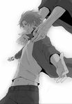  caster_(fate/zero) fate/zero fate_(series) foreshortening greyscale hands highres jacket kmdzm male_focus monochrome multiple_boys outstretched_arms uryuu_ryuunosuke 