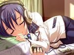  aiba_tomono blazer digital_media_player game_cg headphones jacket kanna_(plum) manga_(object) necktie pantyhose pillow plaid purple_hair sakura_tale school_uniform short_hair sleeping solo 