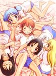  aioi_yuuko barefoot bed_sheet black_hair blonde_hair blue_eyes blue_hair blush brown_eyes brown_hair closed_eyes collarbone glasses grin gym_uniform hair_cubes hair_ornament hands_clasped legs long_hair looking_away lying minakami_mai multiple_girls naganohara_mio naruse nichijou on_back on_side on_stomach open_mouth own_hands_together professor_shinonome shinonome_nano shirt short_hair short_twintails shorts smile t-shirt thighs twintails winding_key 