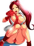  bare_shoulders breasts brown_eyes brown_hair cleavage fatal_fury highres huge_breasts legs long_hair open_mouth pleasure-treasure ponytail shiranui_mai sitting solo sweat the_king_of_fighters thighs tongue very_long_hair 