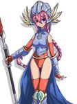  blue_eye blue_eyes blush braid duel_monster element_valkyrie fingerless_gloves gloves heterochromia highres latex long_hair no_bra pink_hair polearm red_eye red_eyes skin_tight spear thighhighs weapon yu-gi-oh! yuu-gi-ou_duel_monsters 