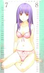  absurdres asagami_fujino bare_legs barefoot bra breasts calendar_(medium) cleavage highres kara_no_kyoukai light_smile lingerie long_hair medium_breasts morii_shizuki navel panties pink_bra pink_panties purple_hair red_eyes scan sitting smile solo underwear underwear_only yokozuwari 