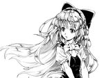  :o bangs bow capelet frills fukukitaru greyscale hair_bow hair_ornament hairband long_hair monochrome original puffy_sleeves short_sleeves simple_background solo standing white_background 