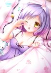  animal_ears bangs bare_arms bare_shoulders bell blush breasts cat_ears cleavage clock eyebrows_visible_through_hair highres medium_breasts one_eye_closed open_mouth original purple_hair shitou short_hair sleeveless solo stuffed_animal stuffed_toy under_covers yellow_eyes 