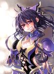  armor armored_dress black_hair blush bow breasts cleavage date_a_live grin highres long_hair looking_at_viewer medium_breasts navel purple_eyes shoulder_pads smile solo takanashi_ringo very_long_hair yatogami_tooka 