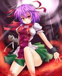  chain chinese_clothes cuffs double_bun flower ibaraki_kasen open_mouth puffy_sleeves purple_hair red_eyes rose shackles short_hair short_sleeves solo sumapan touhou 