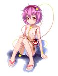  bikini blush eyeball feet flat_chest flip-flops hairband hand_on_own_knee heart heart-shaped_pupils komeiji_satori looking_at_viewer nipples okina_ika petite pink_hair red_eyes sandals see-through short_hair side-tie_bikini sitting smile solo swimsuit symbol-shaped_pupils third_eye toes touhou wet 