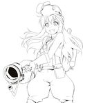  bare_shoulders cosplay explosive flamethrower gas_mask gloves grenade grin long_hair mask monochrome navel oxygen_tank smile solo team_fortress_2 the_pyro the_pyro_(cosplay) toshinou_kyouko weapon youkan yuru_yuri 