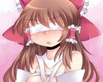  bad_id bad_pixiv_id blindfold blush bow breasts brown_hair cleavage detached_sleeves face facing_viewer hair_bow hair_tubes hakurei_reimu hammer_(sunset_beach) large_breasts long_hair open_mouth solo sweatdrop touhou 