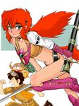  1girl 2boys armor babo bikini_armor boots breasts caravan_kidd cleavage collar goggles green_eyes headband maabou mian_toris midriff multiple_boys navel ponytail red_hair running scabbard sheath sword tail wataru_(caravan_kidd) weapon 