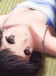  :d black_hair brown_eyes downblouse from_above looking_at_viewer lying multiple_girls on_back open_mouth original phazer reflection short_hair smile striped sweat tatami 