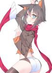  :q ahoge animal_ears black_legwear blue_eyes butt_crack cat_ears heart heart-shaped_pupils kiki_(koba) koba original red_scarf scarf simple_background solo symbol-shaped_pupils thighhighs tongue tongue_out white_background 