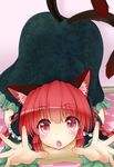  animal_ears ass bad_id bad_pixiv_id blush braid cat_ears cat_tail fang highres kaenbyou_rin looking_at_viewer multiple_tails nekomata open_mouth red_eyes red_hair solo tail top-down_bottom-up topia touhou twin_braids 
