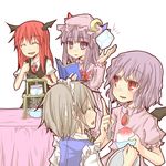  :d :| ^_^ bat_wings blue_eyes blush braid closed_eyes closed_mouth dress_shirt head_wings ice izayoi_sakuya koakuma long_hair maid maid_headdress multiple_girls mundane_utility natsuk necktie no_hat no_headwear open_mouth patchouli_knowledge purple_hair red_eyes red_hair remilia_scarlet shaved_ice shirt short_hair short_sleeves simple_background slit_pupils smile sweatdrop touhou twin_braids vest white_background white_shirt wings 