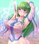  armpits blue_eyes blush breasts green_hair hair_ornament hair_tubes huge_breasts kochiya_sanae long_sleeves looking_at_viewer mizuke_no_nai_tofu nipples see-through solo touhou wrist_cuffs 