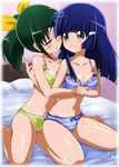  aoki_reika blue_eyes blue_hair blush bow bra breasts cleavage closed_eyes green_hair hair_bow hug lingerie long_hair medium_breasts midorikawa_nao midriff mocchi multiple_girls navel panties ponytail precure shiny shiny_skin sitting smile smile_precure! underwear underwear_only wariza yuri 