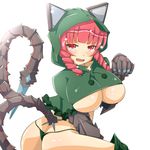  adapted_costume ass blush braid breasts butt_crack check_translation highres himenomikan hood huge_breasts kaenbyou_rin open_mouth panties red_hair solo symbol-shaped_pupils tail thong touhou translation_request twin_braids underboob underwear white_background 