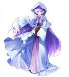  alternate_costume banpai_akira book bow capelet coat crescent dress energy hair_bow highres hood koumajou_densetsu koumajou_densetsu_2 long_hair long_sleeves patchouli_knowledge purple_eyes purple_hair ribbon solo touhou 