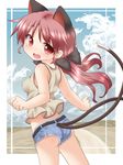  :d animal_ears ass bare_shoulders belt blush breasts cat_ears cat_tail covered_nipples denim denim_shorts fang from_behind impossible_clothes impossible_shirt kaenbyou_rin long_hair looking_back multiple_tails natsu_no_koucha open_mouth red_eyes red_hair shirt short_shorts shorts small_breasts smile solo tail tank_top touhou twintails 