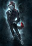  abstract_background anthro bandanna barefoot black_nose blue_eyes canine claws digitigrade fur hair j_c jc looking_at_viewer male mammal necktie red_fur smile standing suit toe_claws white_fur wolf 
