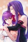  2girls arms_around_neck artist_name bangs bare_shoulders black_detached_sleeves black_dress blurry blurry_background blush breasts choker closed_mouth collarbone commentary_request couple detached_sleeves dress eyebrows_visible_through_hair eyes_closed fate/stay_night fate_(series) female forehead hair_between_eyes hair_ribbon hands_up height_difference highres hug hug_from_behind long_hair long_sleeves looking_at_another looking_back matou_sakura medium_breasts multicolored multicolored_clothes multicolored_dress multiple_girls neck no_blindfold parted_bangs pink_choker pink_ribbon profile purple_eyes purple_hair ribbon rider sleeves_past_wrists smile straight_hair strapless strapless_dress type-moon upper_body v-neck very_long_hair white_dress wumumu yuri 