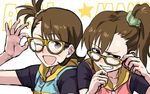  adjusting_eyewear bespectacled brown_eyes brown_hair futami_ami futami_mami glasses grin hood hoodie idolmaster idolmaster_(classic) kirusu multiple_girls one_eye_closed siblings side_ponytail smile 