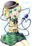  adapted_costume bad_id bad_pixiv_id blush bow closed_eyes colored_eyelashes detached_sleeves green_eyes green_hair hands_on_headwear hat hat_bow heart komeiji_koishi open_mouth short_hair sitting smile solo tetsu_tissue third_eye touhou wide_sleeves 