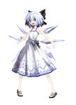  :d alternate_costume banpai_akira bare_shoulders blue_eyes blue_hair bow cirno dress full_body game_cg hair_between_eyes hair_bow ice ice_wings koumajou_densetsu koumajou_densetsu_1 looking_at_viewer non-web_source open_mouth outstretched_arms ribbon sandals short_hair sleeveless sleeveless_dress smile solo spread_arms striped sundress touhou white_dress wings 