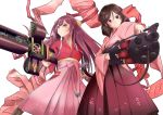  2girls bow breasts brown_hair commentary_request cross_punisher drill_hair frown gun hair_bow harukaze_(kantai_collection) holding holding_weapon japanese_clothes kamikaze_(kantai_collection) kantai_collection kimono long_hair machine_gun medium_breasts meiji_schoolgirl_uniform mokerou multiple_girls pink_kimono pink_ribbon purple_eyes purple_hair red_eyes ribbon simple_background smile trigun twin_drills umbrella weapon white_background 