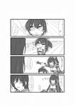  2girls 4koma bodysuit comic honda_futayo honda_masazumi kyoukai_senjou_no_horizon kyoukaisenjou_no_horizon minigirl monochrome multiple_girls niyou_shinobu polearm spear weapon 