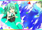  aqua_eyes aqua_hair bad_id bad_pixiv_id bare_shoulders bird black_legwear feathers from_above hatsune_miku long_hair looking_at_viewer looking_up necktie ocean paper_airplane seagull sitting skirt solo thighhighs twintails very_long_hair vocaloid wariza water zucchini 
