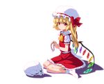  anime_coloring ascot blonde_hair bow flandre_scarlet flower hat hat_bow long_hair looking_at_viewer okina_ika puffy_sleeves red_eyes short_sleeves side_ponytail sitting skull solo touhou wariza wings wreath 