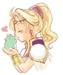  ahoge animal armor blush bracelet cape circlet closed_eyes closed_mouth crown earrings final_fantasy final_fantasy_iv frog from_side gem heart holding holding_animal jewelry kazaki_(akllab) long_hair lowres ponytail profile rosa_farrell shoulder_pads smile solo upper_body white_cape 