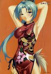  alternate_costume aqua_hair armpits arms_behind_head bangs bare_arms bare_shoulders blue_eyes blush breasts china_dress chinese_clothes cowboy_shot dress eyebrows_visible_through_hair hair_ornament half-closed_eyes high_ponytail highres higurashi_no_naku_koro_ni kure_masahiro long_hair looking_at_viewer medium_breasts orange_background parted_bangs parted_lips pelvic_curtain plume ponytail print_dress red_dress side-tie_costume sideboob sleeveless sleeveless_dress solo sonozaki_mion turtleneck turtleneck_dress 