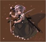  bangs blue_eyes blunt_bangs brown_background dress dual_wielding green_dress holding holding_sword holding_weapon ikawa_waki katana konpaku_youmu looking_at_viewer puffy_short_sleeves puffy_sleeves sheath short_sleeves silver_hair simple_background solo sword touhou unsheathed weapon 